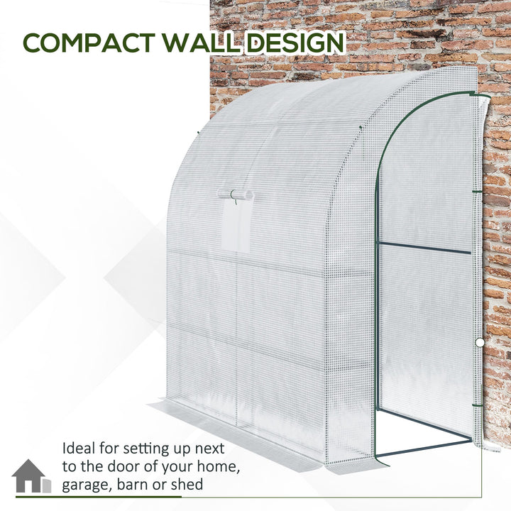 Walk-In Lean to Wall Greenhouse with Windows and Doors, Outdoor Green House with 3 Tiers 4 Wired Shelves, 200L x 100W x 215Hcm, White