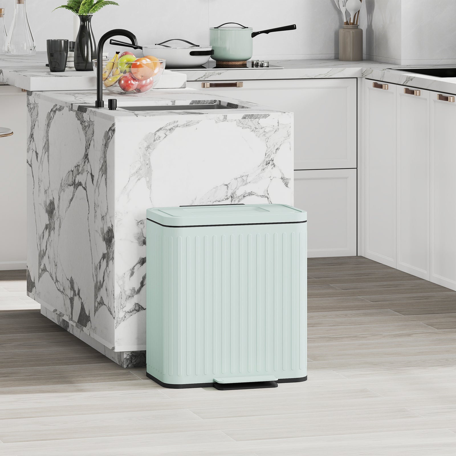 40L Dual Compartment Rubbish Bin, with Soft-Close Lid - Green