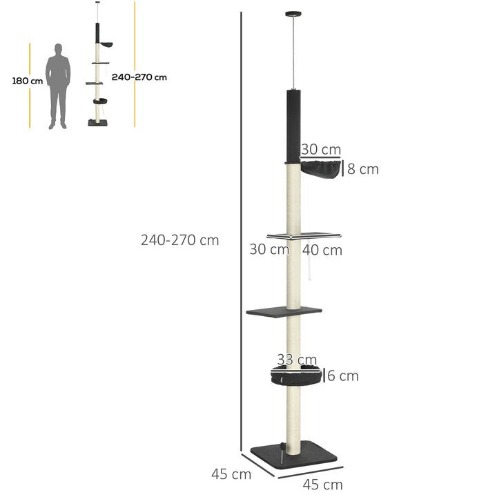 PawHut 5-Tier Cat Tree, Adjustable Height Floor to Ceiling Tower, Multi-Level Climber with Scratching Posts, Black | Aosom UK