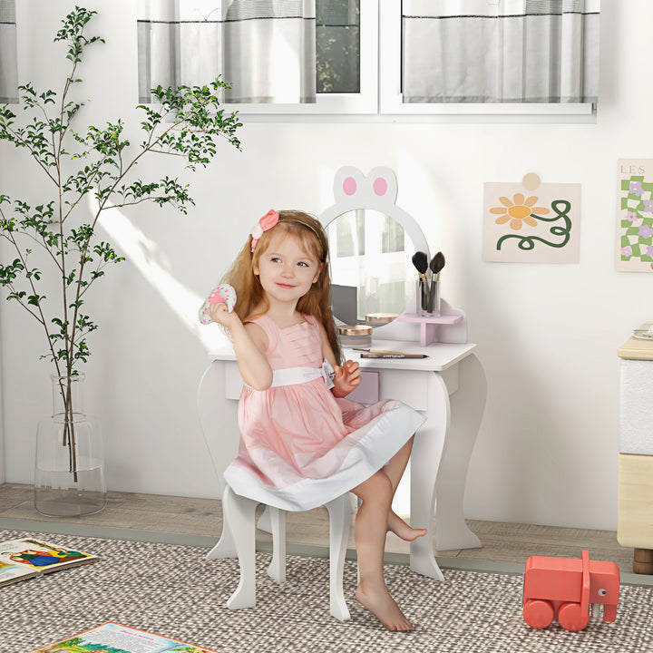 ZONEKIZ Bunny-Design Kids Dressing Table, with Mirror and Stool, Fun and Functional, White and Pink | Aosom UK