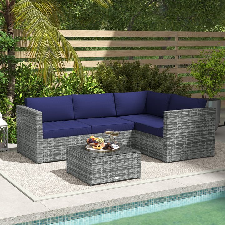 3 Pieces PE Rattan Garden Furniture Set with 10 cm Thick Cushions, 4 Seater Garden Corner Sofa Set with Glass Top Coffee Table, Outdoor Furniture for Patio, Porch, Blue