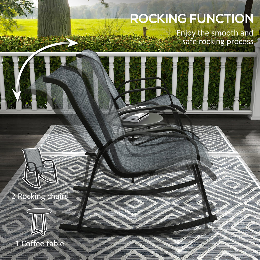 Outsunny 3 Piece Outdoor Rocking Set with 2 Armchairs and Metal Top Coffee Table, Patio Bistro Set with Curved Armrests, Breathable Mesh Fabric Seat for Garden, Deck, Mixed Grey