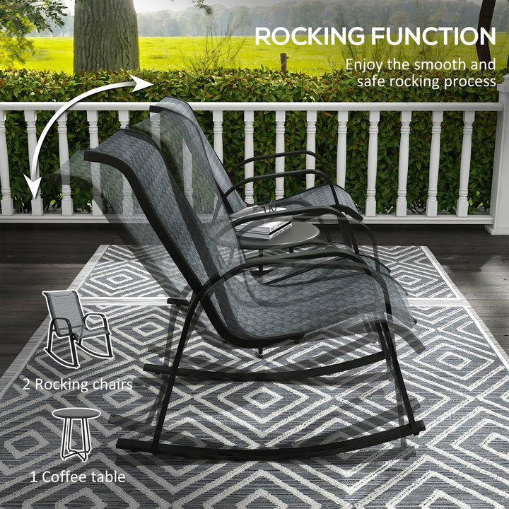 Outsunny 3 Piece Outdoor Rocking Set with 2 Armchairs and Metal Top Coffee Table, Patio Bistro Set with Curved Armrests, Breathable Mesh Fabric Seat for Garden, Deck, Mixed Grey