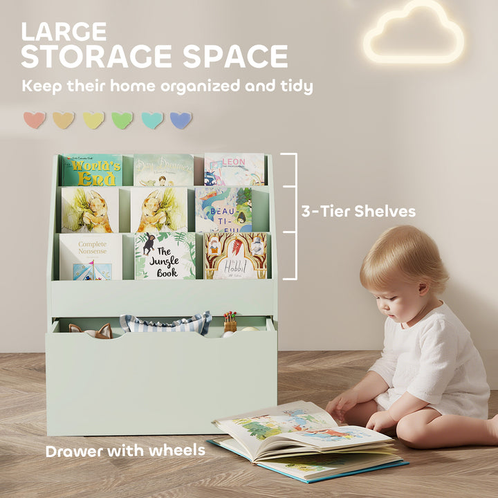 MCL Bookcase for Kids with Shelves, Drawer, Bookcase for Bedroom, Playroom, Green