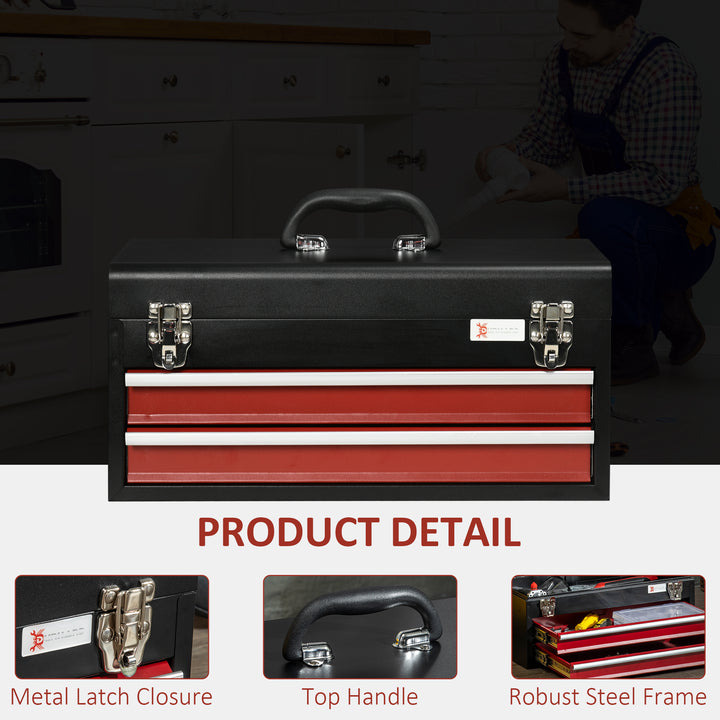 2 Drawer Tool Chest, Lockable Metal Tool Box with Ball Bearing Runners, Portable Toolbox, 460mm x 240mm x 220mm, Black