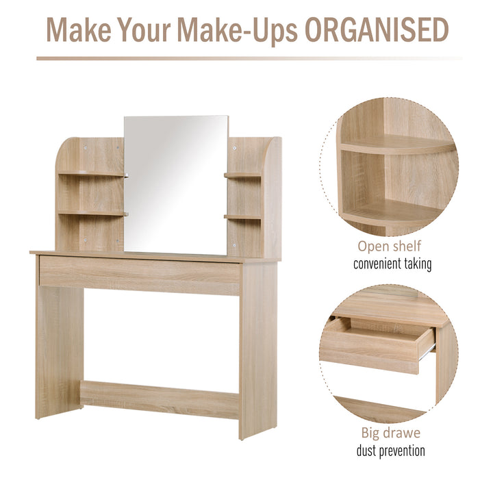 Modern Dressing Table Writing Desk W/ Mirror, Big Drawers, 2-Tier Open Shelf For Home Bedroom Natural