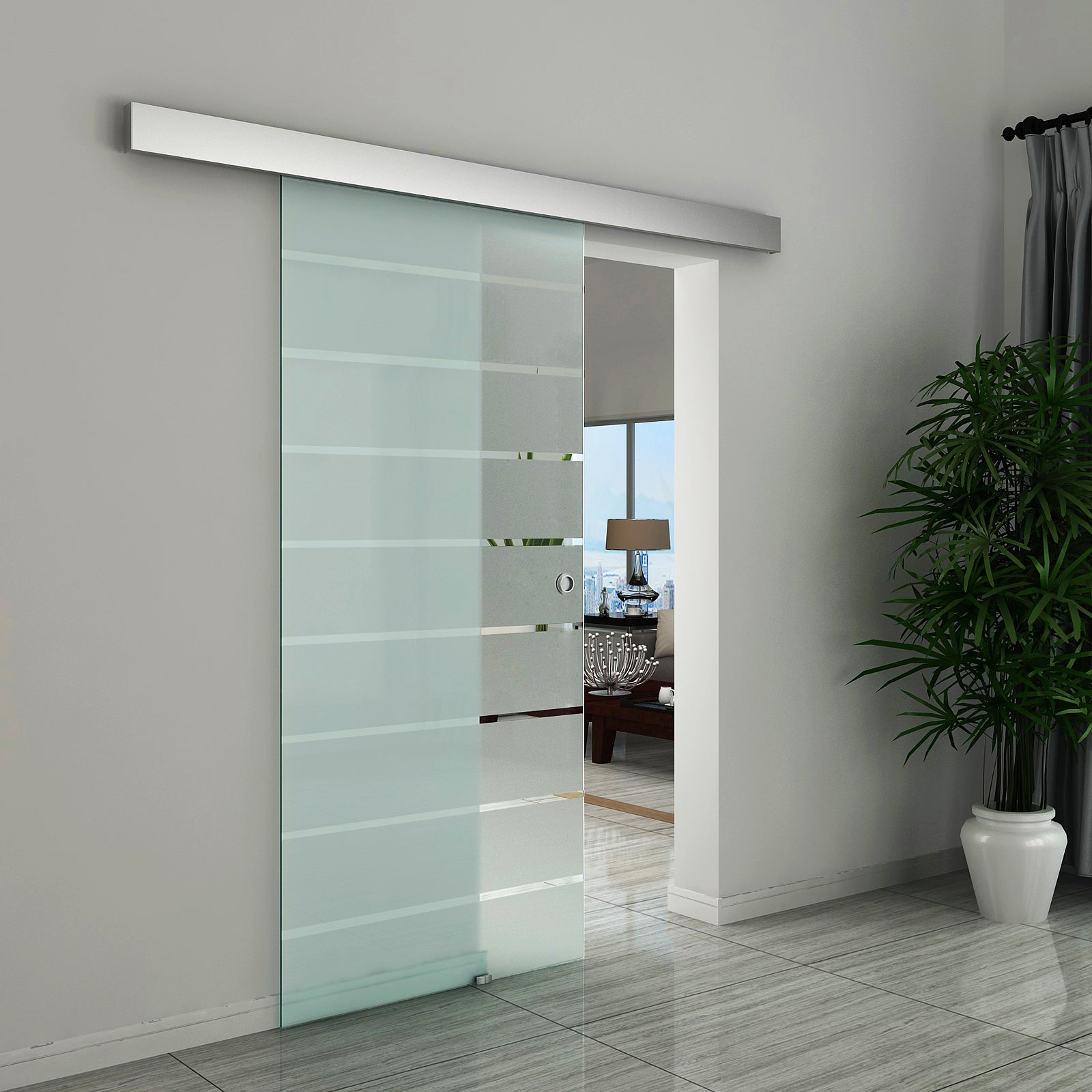 90cm Sliding Glass Door with Hardware Track Kit, Frosted Tempered Glass with Stripe Pattern, Round Handle