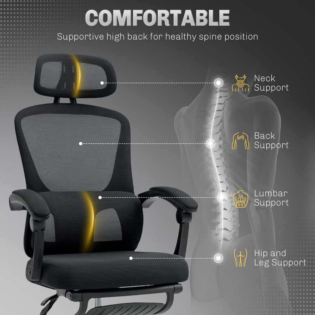 Ergonomic Office Chair, Mesh High Back Desk Chair with Adjustable Lumbar Support and Headrest, Footrest, Reclining Executive Swivel Computer Chair for Home Study, Black