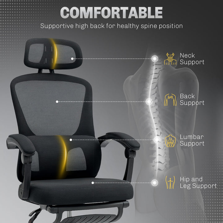 Ergonomic Office Chair, Mesh High Back Desk Chair with Adjustable Lumbar Support and Headrest, Footrest, Reclining Executive Swivel Computer Chair for Home Study, Black