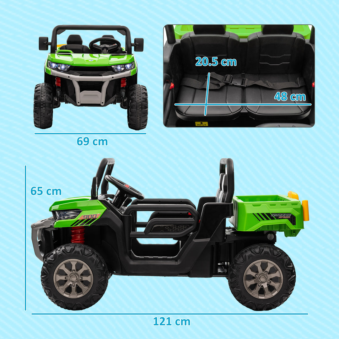 HOMCOM 12V Two-Seater Kids Electric Ride-On Car, with Electric Bucket, Remote Control - Green