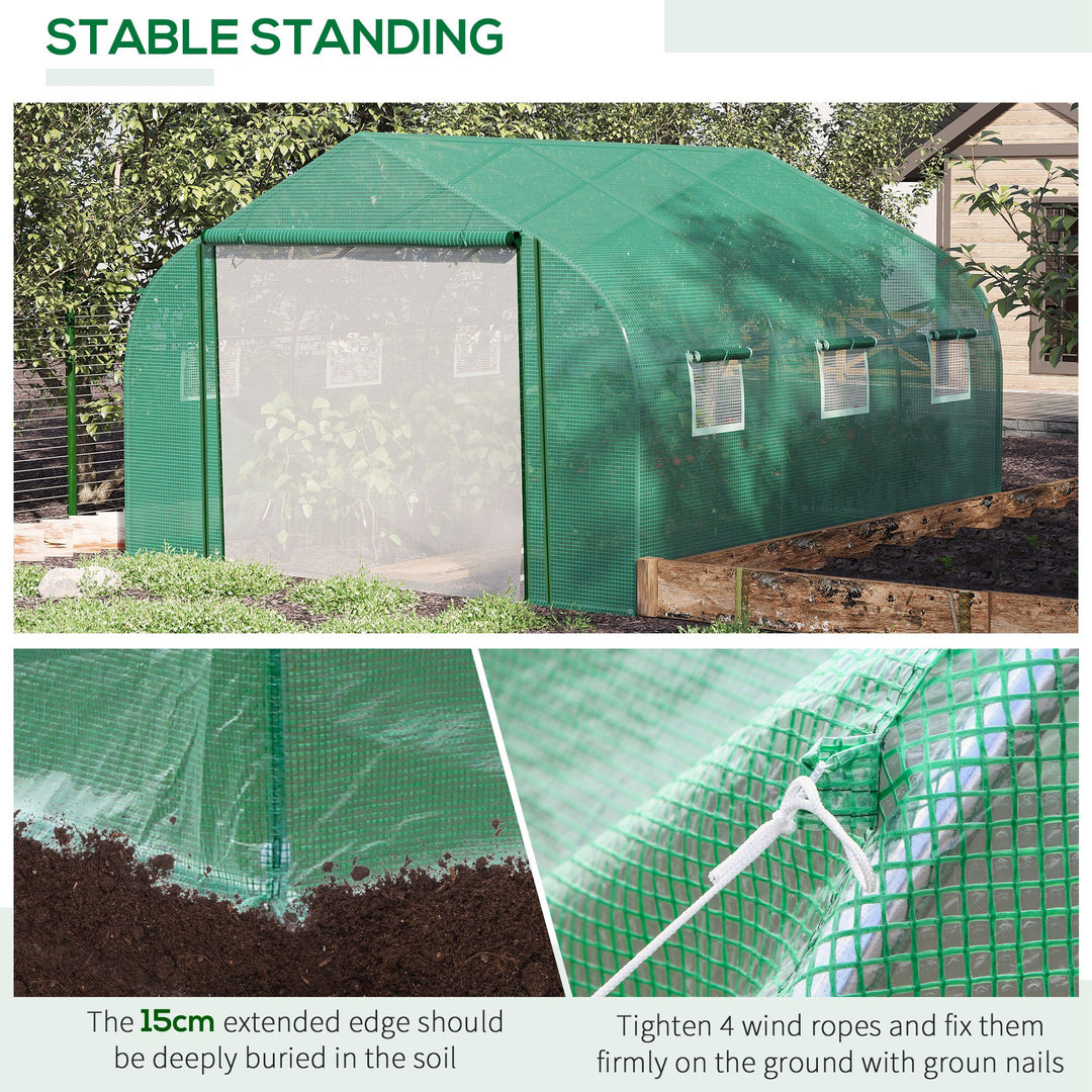 Walk-in Polytunnel Garden Greenhouse, Outdoor Mesh Door Greenhouse with PE Cover and 6 Windows, 3.5 x 3 x 2m, Green
