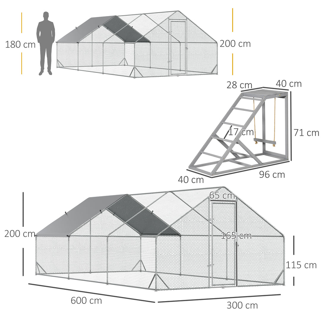 Walk-in Galvanised Steel Chicken Run with Chicken Activity Shelf and Cover, 3 x 6 x 2m