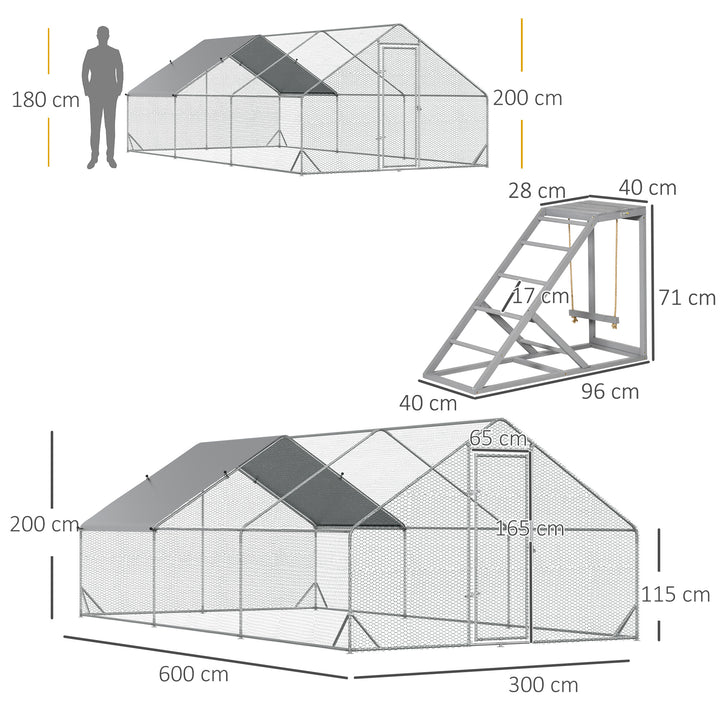 Walk-in Galvanised Steel Chicken Run with Chicken Activity Shelf and Cover, 3 x 6 x 2m