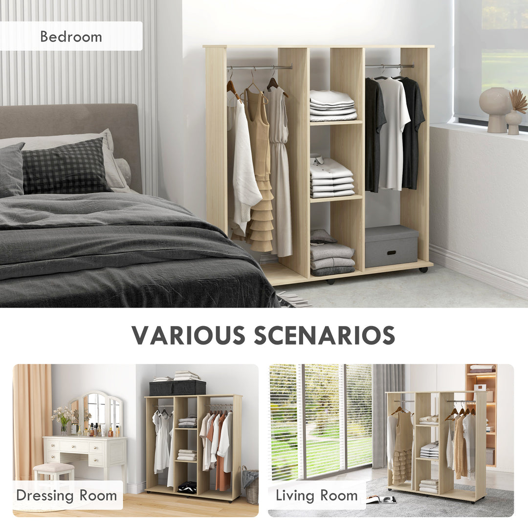 Open Wardrobe Double Mobile Storage Shelves Organizer W/6 Wheels-Natur