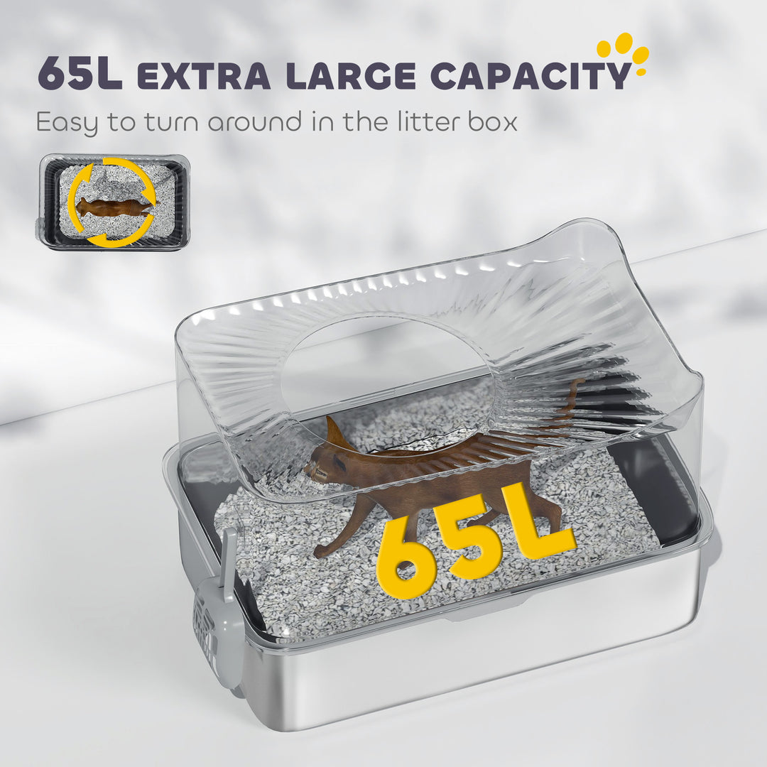 Stainless Steel Cat Litter Tray, Extra Large Enclosed Litter Box with Scoop, Top Entrance, Non-slip Pads, Dark Grey