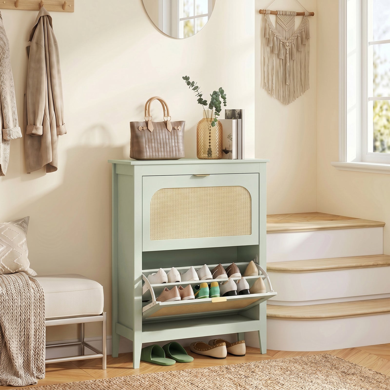 Narrow Shoe Cabinet, Boho Slim Shoe Storage Cabinet with 2 Flip Drawer