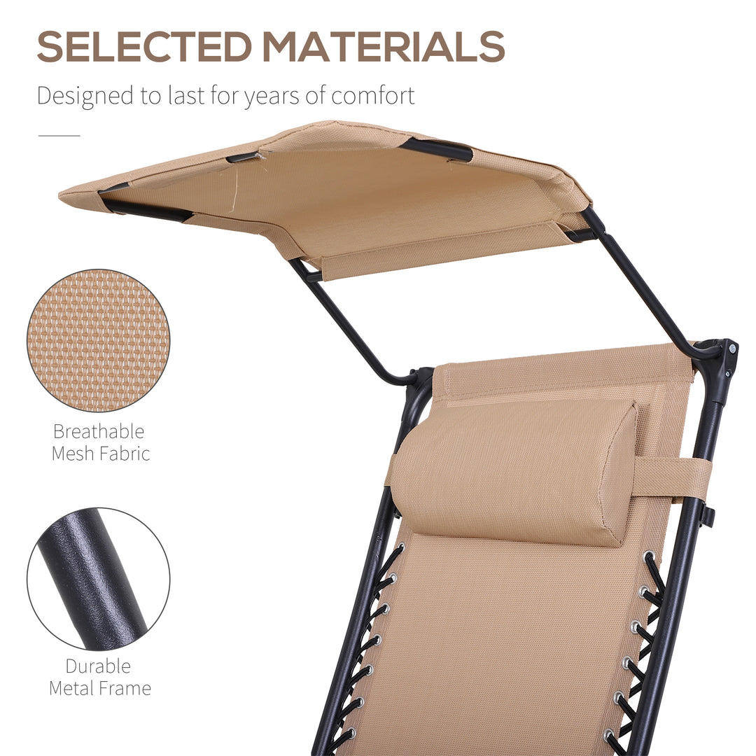 MCL Foldable Reclining Garden Chair with Headrest, Zero Gravity Deck Sun Lounger Seat Chair with Footrest, Armrest, Cup Holder & Canopy Shade, Beige