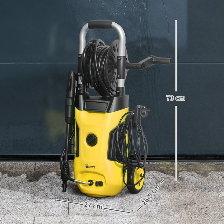 1800W High Pressure Washer, 150 Bar Pressure, 420 L/h Flow, Portable Power Washer Jet Wash Cleaner with Adjustable Nozzle, 6M Hose, Hose Reel, Steel Handle for Home Patio Car Driveway, Yellow