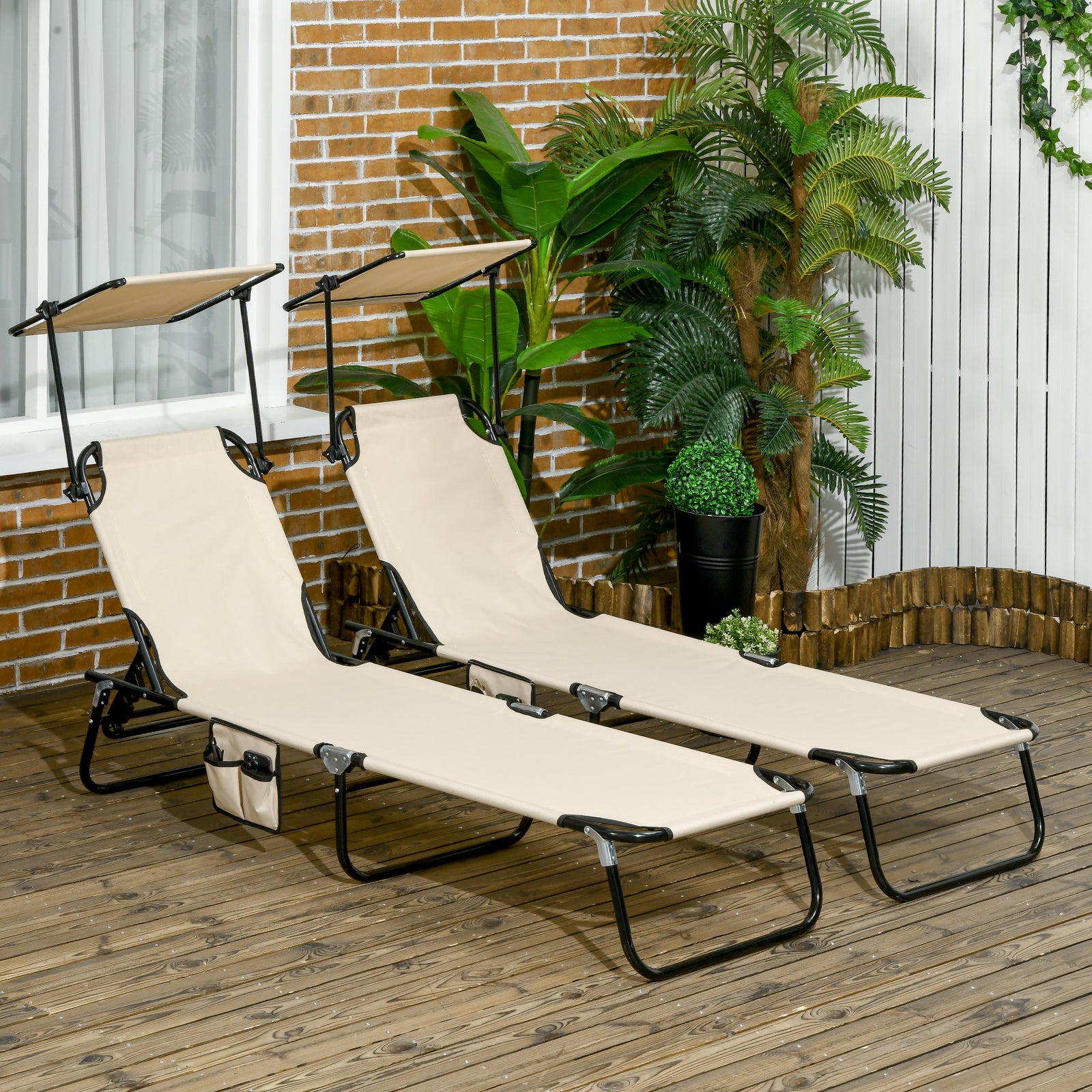 2 Piece Folding Sun Loungers with Canopy, Adjustable Recliner Garden Chairs with Side Pocket, Steel Frame and Breathable Mesh for Outdoor, Pool, Beach, Garden, Tan Brown