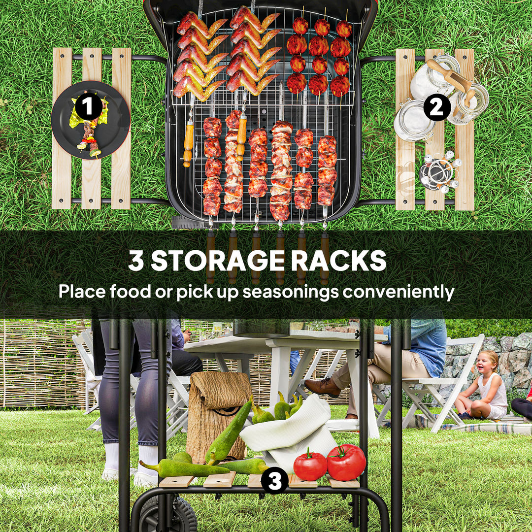 Charcoal Barbecue Grill Portable BBQ Grill with 1840 cm² Cooking Area, 3 Shelves, Adjustable Vent, Lockable Lid, Wheels for Outdoor Cooking, Garden Party, Red