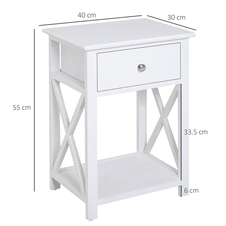 End Table, Sofa Side Table with Drawer X Bar Bottom Storage Shelf, Nightstand Bedside Table for Bedroom or Living Room White