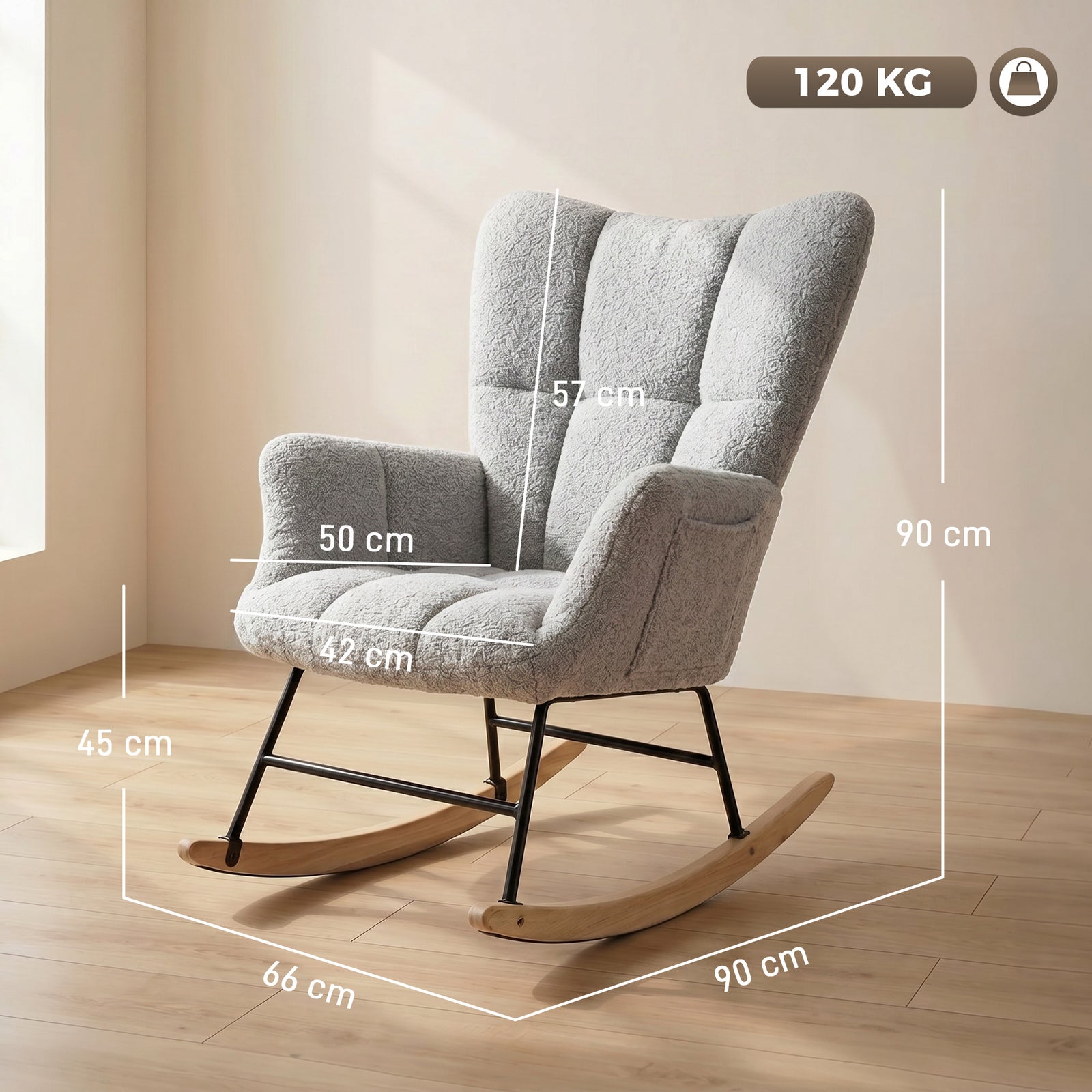 Rocking Chair, Teddy Fleece Rocker Chair with Tufted Wingback, Side Po