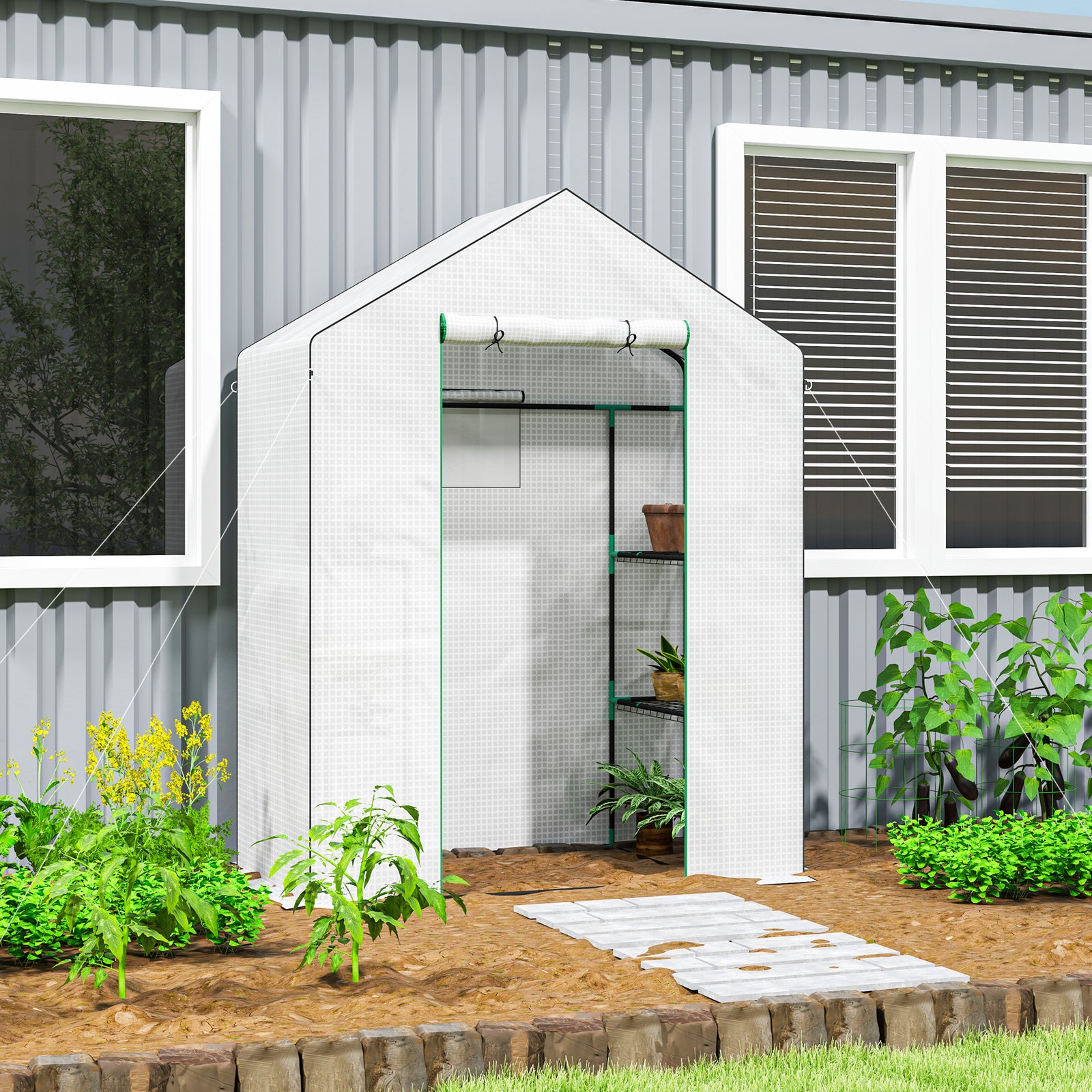 143 x 74cm Walk-In Greenhouse, with Shelves - White