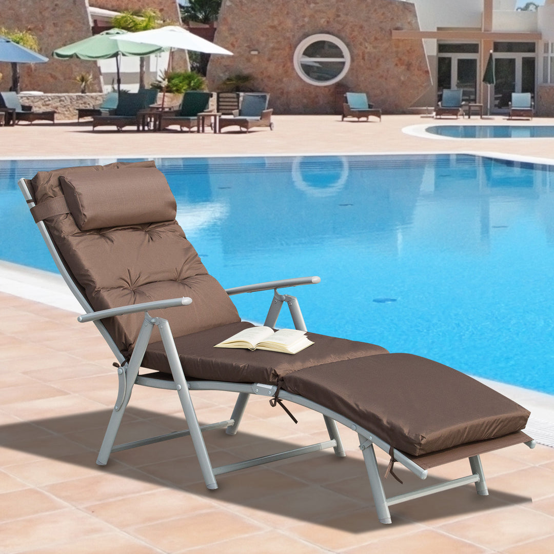 Outsunny Garden Sun Lounger, Foldable Reclining Chair with Pillow and Adjustable Back, Texteline Fabric, Brown | Aosom UK