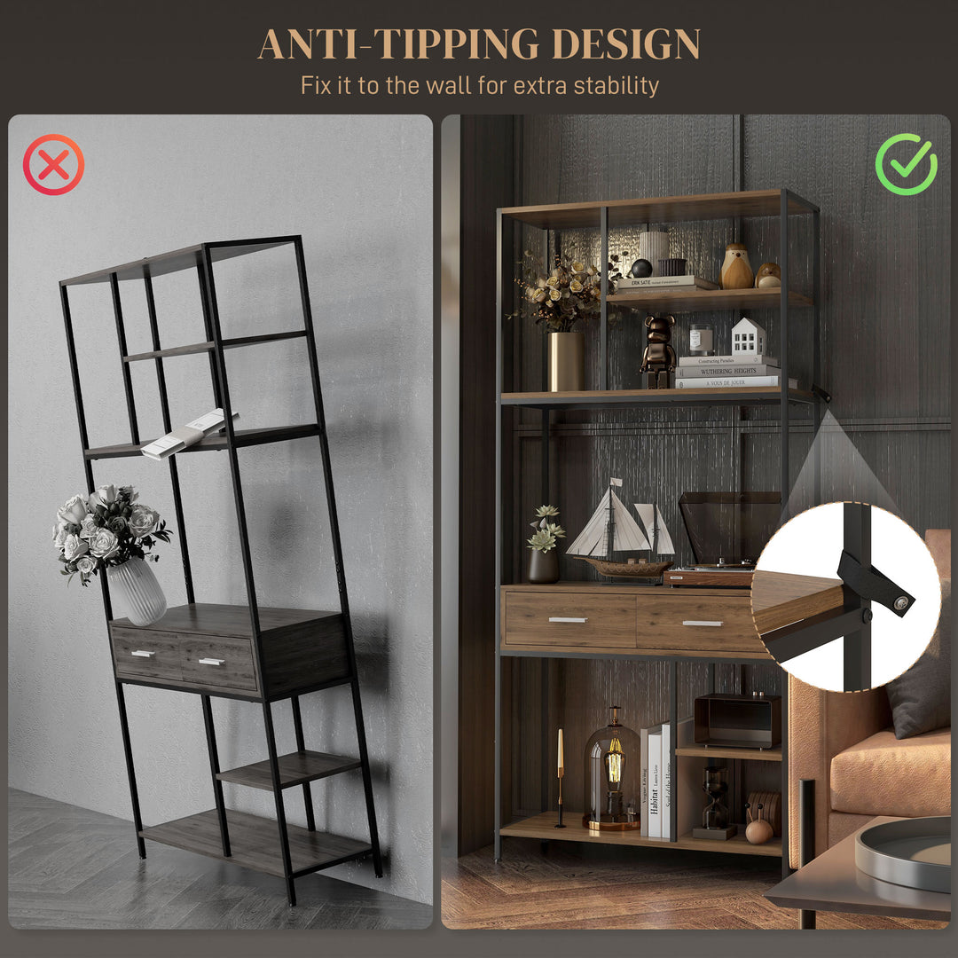 Seven-Shelf Industrial Display Shelf, with Drawers - Brown/Black