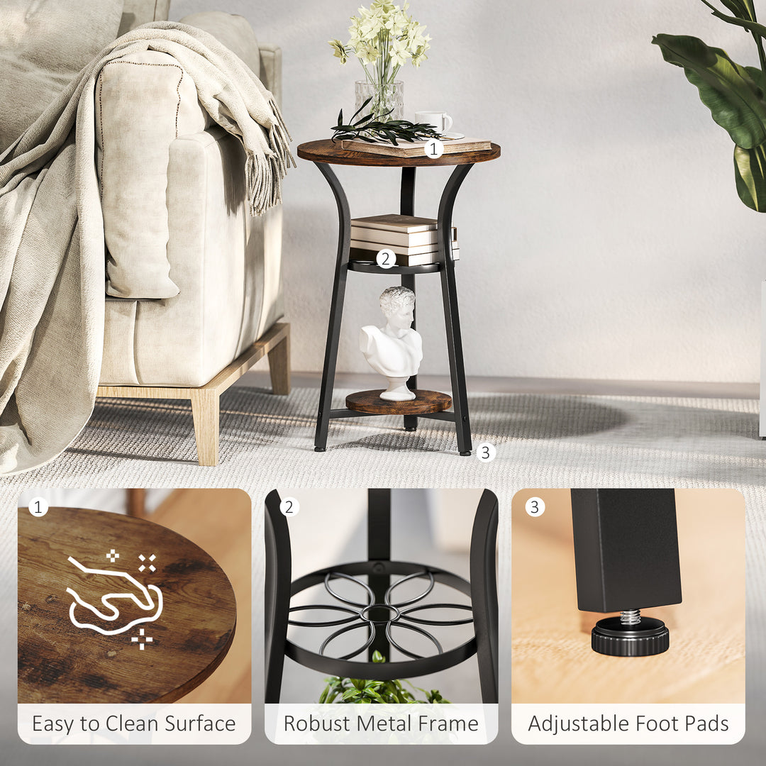 Small Round Side Table with 3 Storage Shelves - Rustic Brown