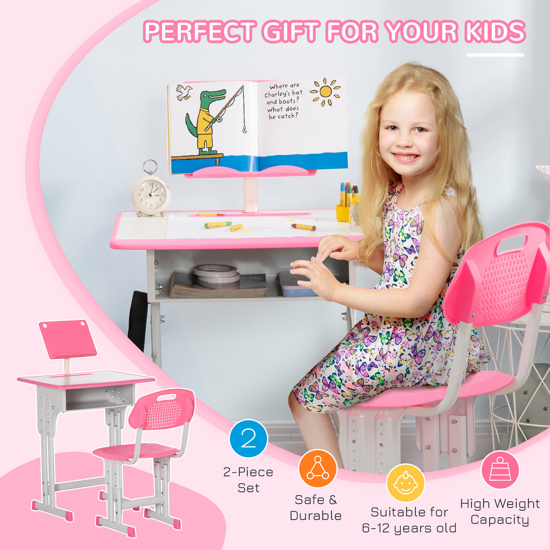 HOMCOM Children's Study Desk and Chair Set, Adjustable Height with Drawer, Bookshelf, Cup Holder & Pen Groove, Pink
