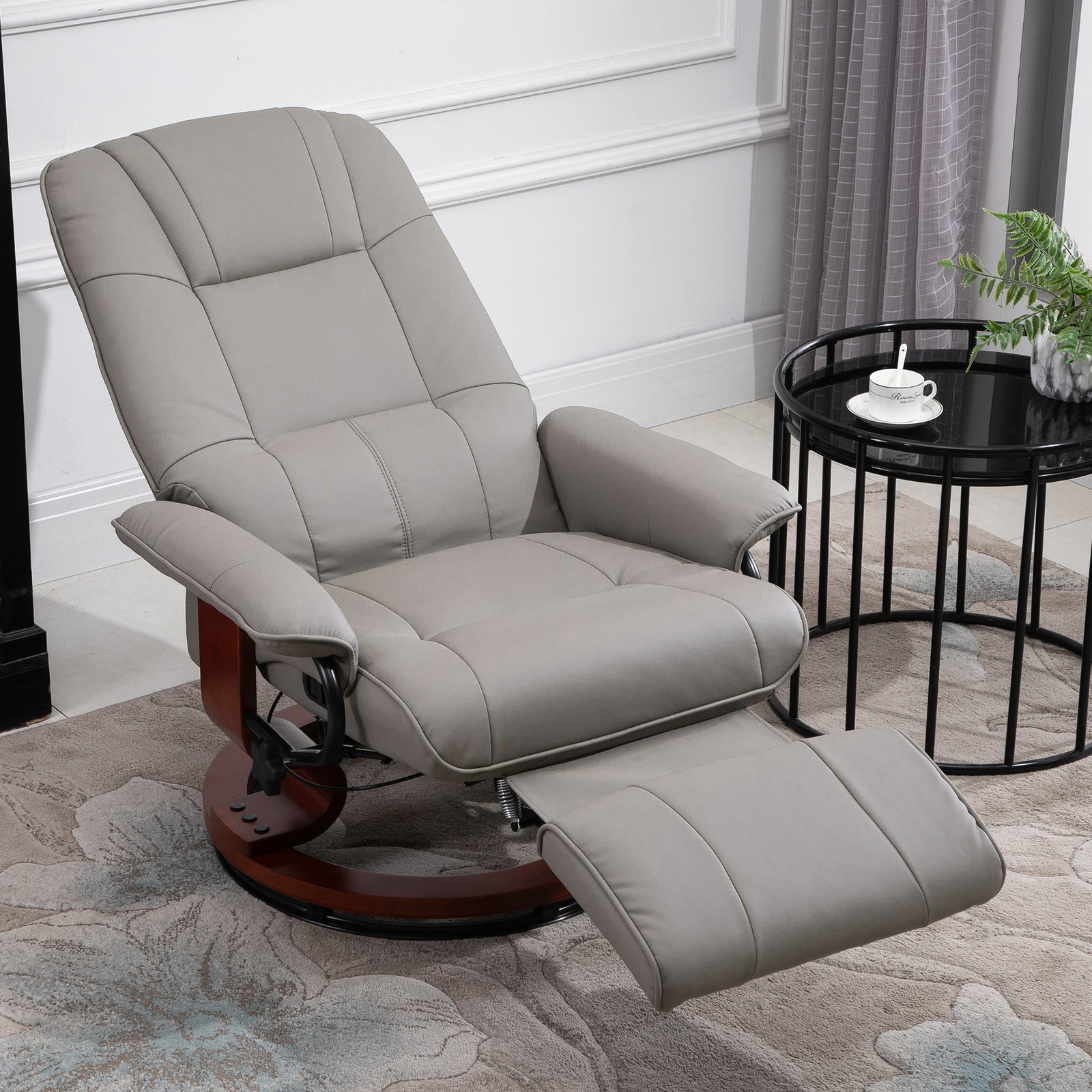 360° Swivel Recliner Chair with Footstool, Manual Recliner Armchair with Wooden Base, Faux Leather Upholstered Reclining Chair for Living Room, Bedroom, Office, Grey