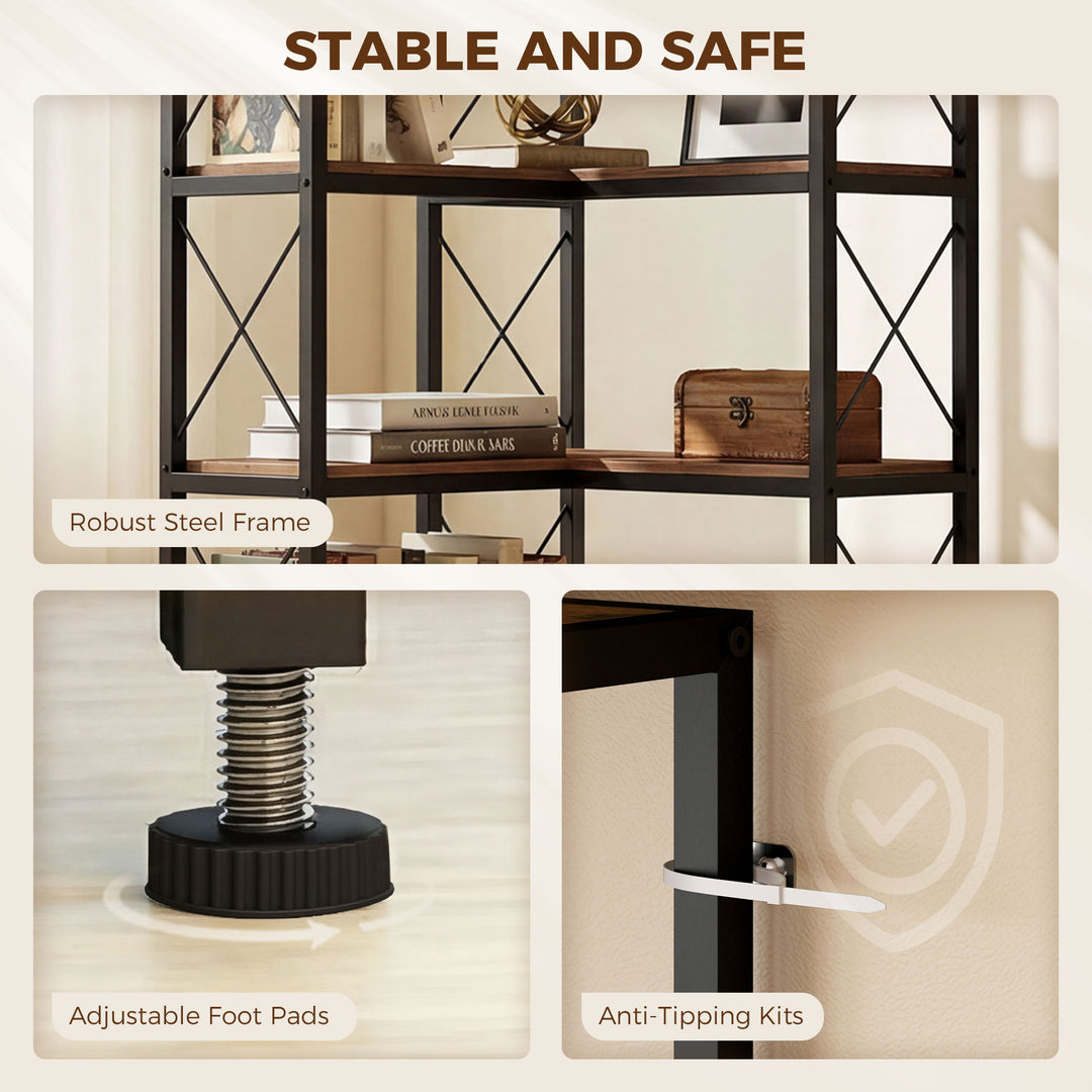5-Tier L-Shaped Bookshelf, Freestanding Corner Bookcase with Metal Fra