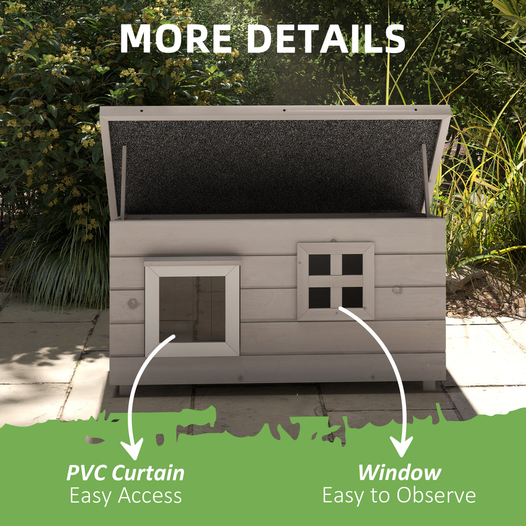 MCL Wooden Outdoor Cat House, Elevated Cat Shelter Kennel, Pet Play House with Openable Top, Asphalt Roof, Window, Grey