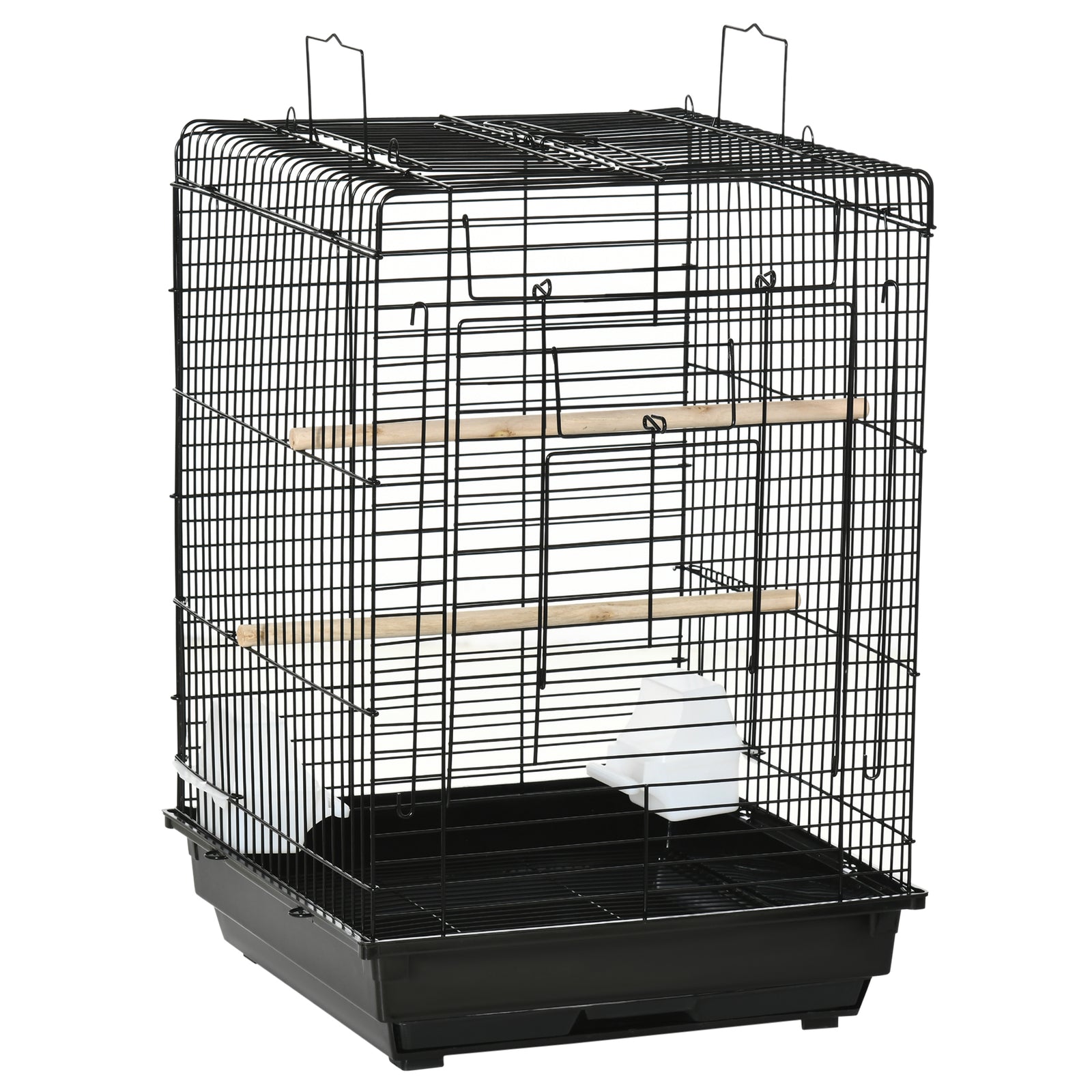 Steel Bird Cage with Openable Top, Stand, Tray, Handles, Feeding Bowls for Parakeet, Finch - Black