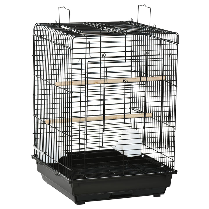 MCL Steel Bird Cage with Openable Top, Stand, Tray, Handles, Feeding Bowls for Parakeet, Finch - Black