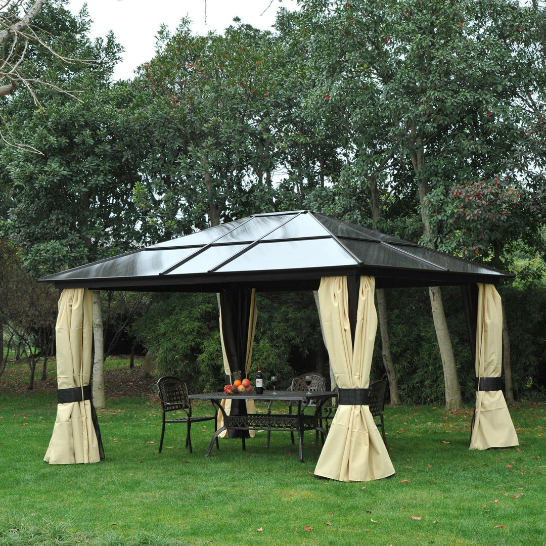 MCL 3.6 x 4m Hardtop Gazebo Canopy with Polycarbonate Roof and Aluminium Frame, Garden Pavilion with Mosquito Netting and Curtains