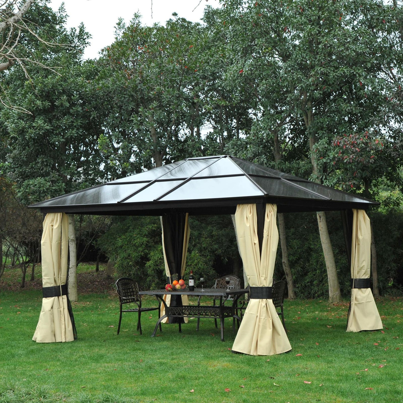 3.6 x 4m Hardtop Gazebo Canopy with Polycarbonate Roof and Aluminium Frame, Garden Pavilion with Mosquito Netting and Curtains