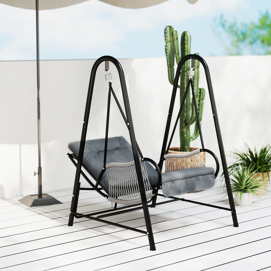Rattan Swing Chair, Outdoor Garden Hanging Swing Seat with Stand and Seat Cushion, Porch Hanging Chair for Balcony, Garden, Deck, Light Grey