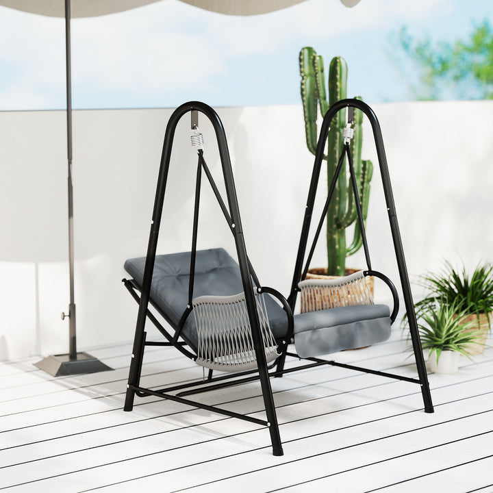 Rattan Swing Chair, Outdoor Garden Hanging Swing Seat with Stand and Seat Cushion, Porch Hanging Chair for Balcony, Garden, Deck, Light Grey