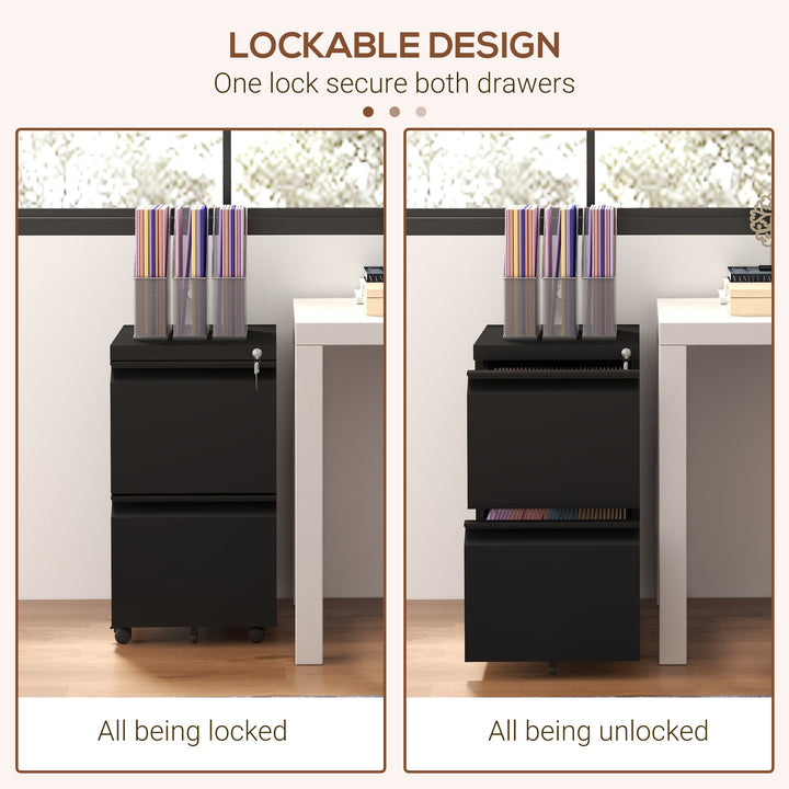 2-Drawer Mobile Filing Cabinet, Steel Lockable File Cabinet for Letter, A4 and Legal Size, Pre-Assembled Body, Black