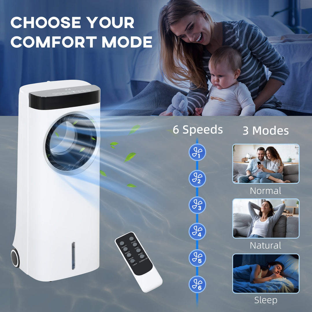 Evaporative Air Cooler, 6.5L 4-in-1 Bladeless Portable Cooler, Fan, Humidifier, Air Clean Anion with Oscillation, 6 Speeds, 24H Timer, Sleep Mode, 2 Ice Packs, Wheels, Remote, for Home Office