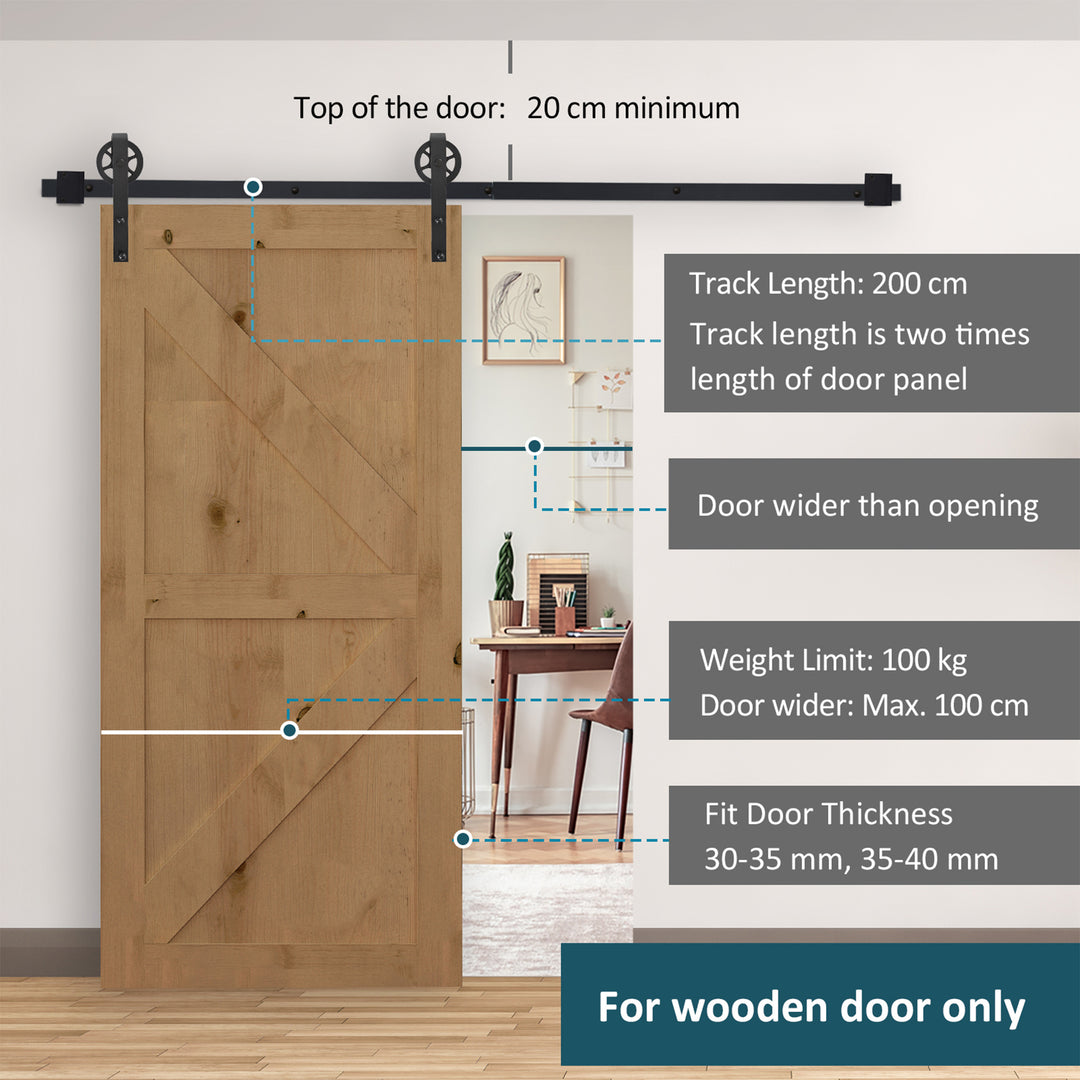 HOMCOM 6.6 FT/ 2000mm Carbon Steel Sliding Barn Door Kits Hardware Closet Set Track System for Single Wooden Door Industrial Wheel Roller | Aosom UK