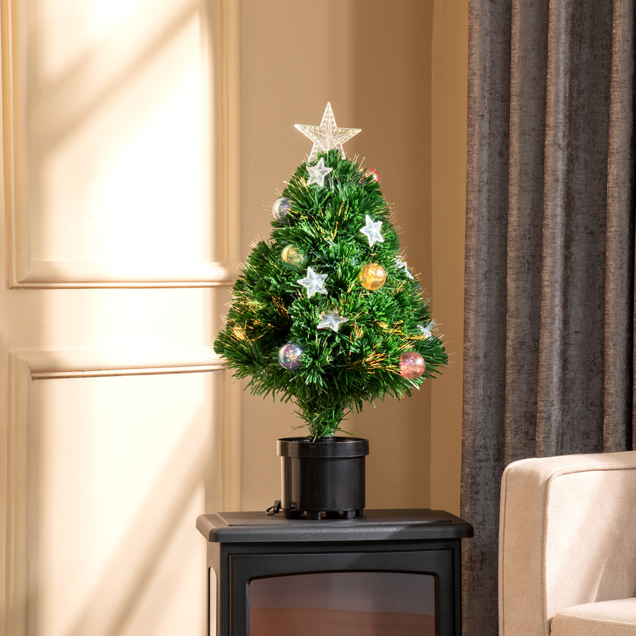 2FT Pre-lit Artificial Christmas Tree Tabletop Multicoloured Fibre Optic Xmas Decoration w/ LED Lights Pot Table Desk - Green