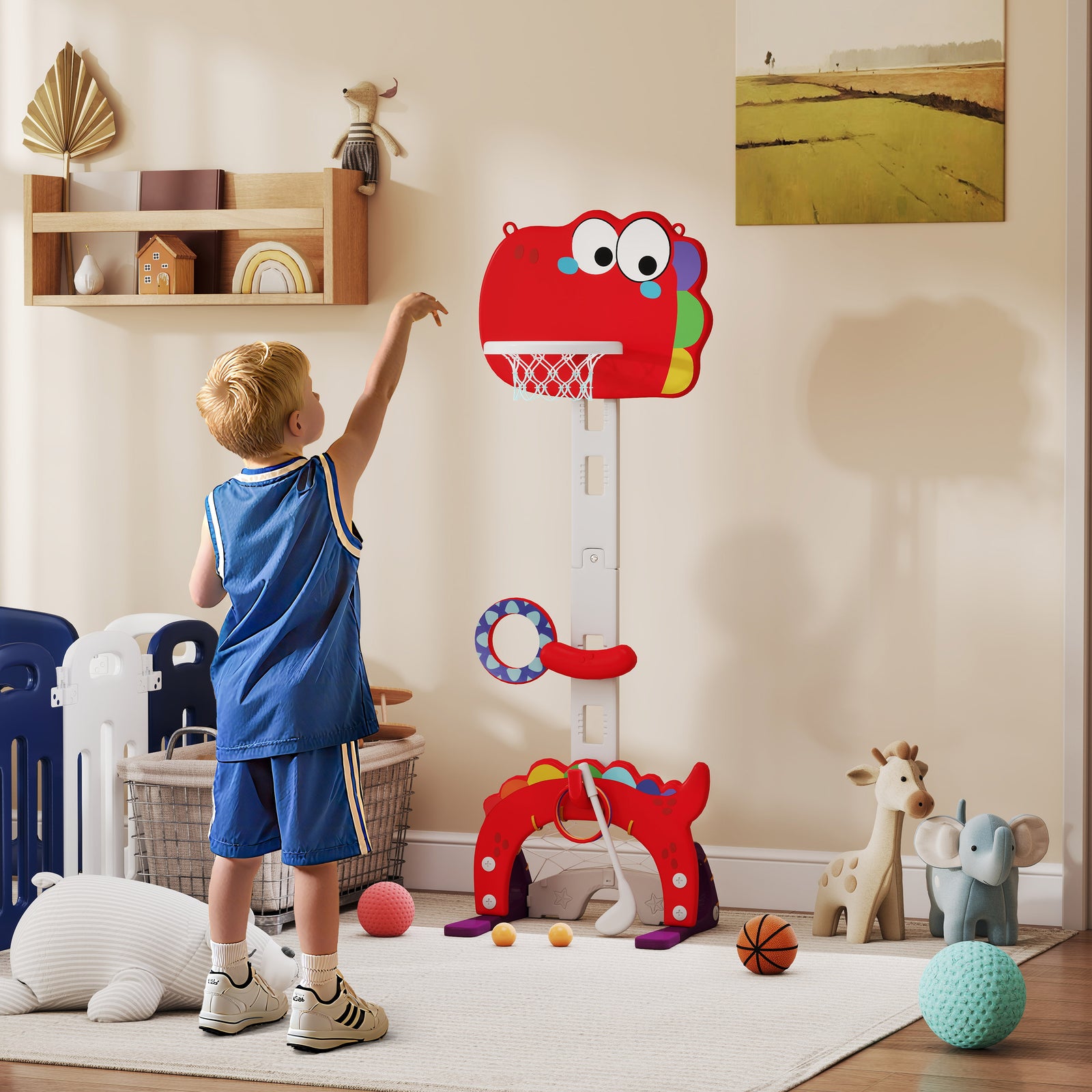 5-in-1 Dinosaur Basketball Set with Adjustable Basketball Stand and Go