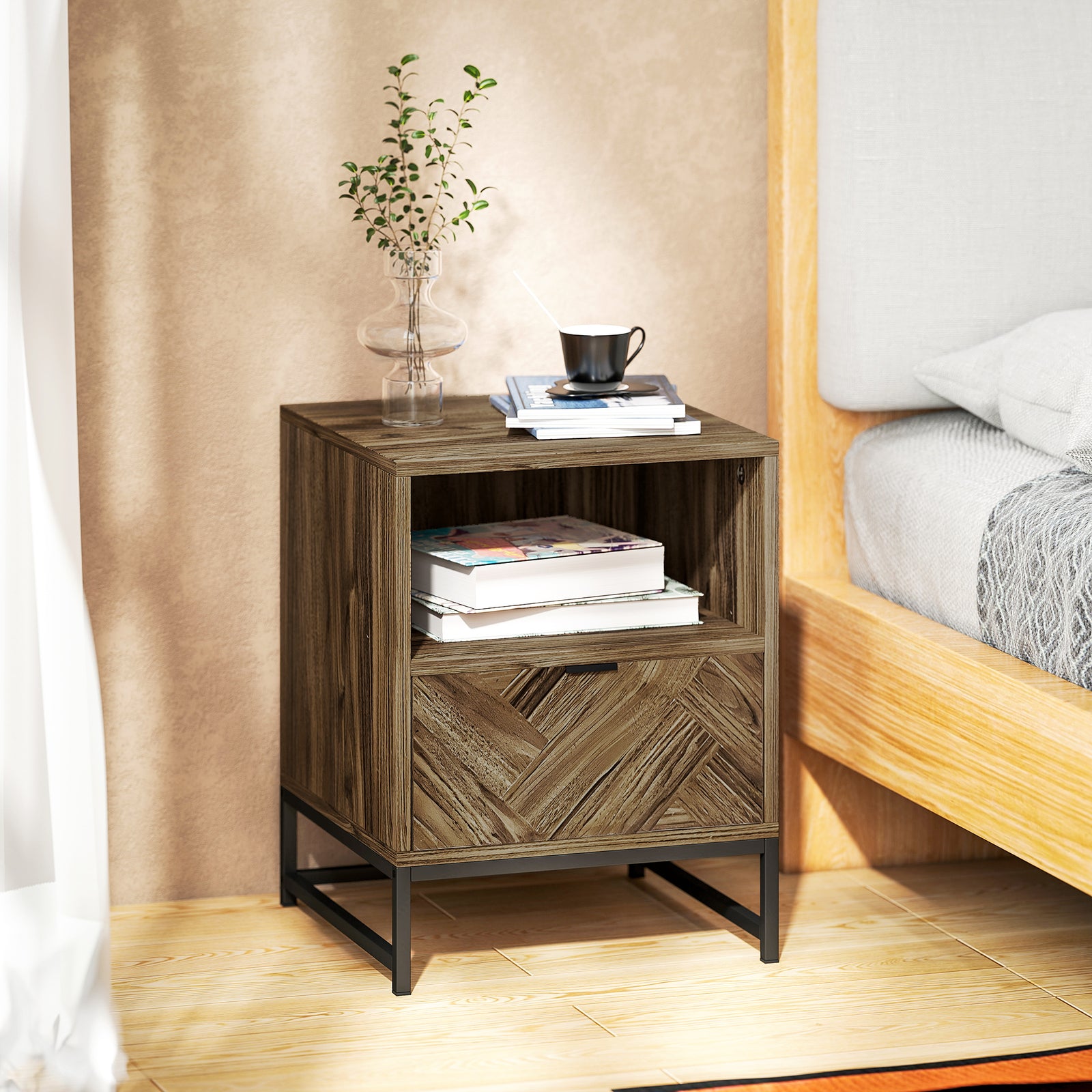 Bedside Table with Drawer and Shelf, Side End Table with Steel Legs for Living Room, Bedroom, Brown Wood Effect