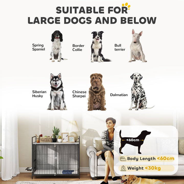 Large Dog Crate Furniture with Rotating Bowl Holder, 2 Bowls, 2 Doors, for Large Dogs, 100 x 60 x 88 cm, Grey