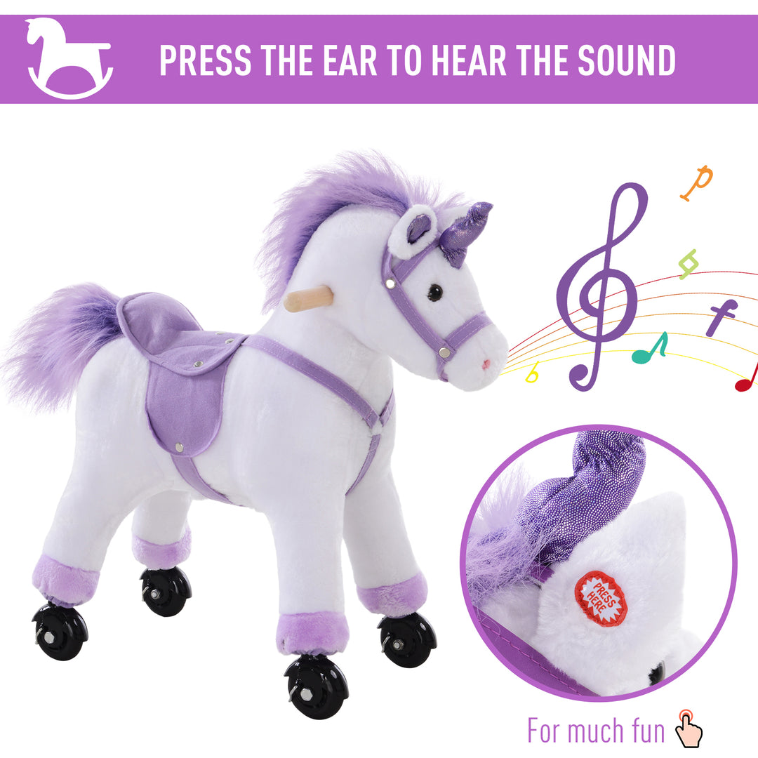 Kids Ride-On Rocking Unicorn, with Realistic Sounds, Handlebars, Purple/White