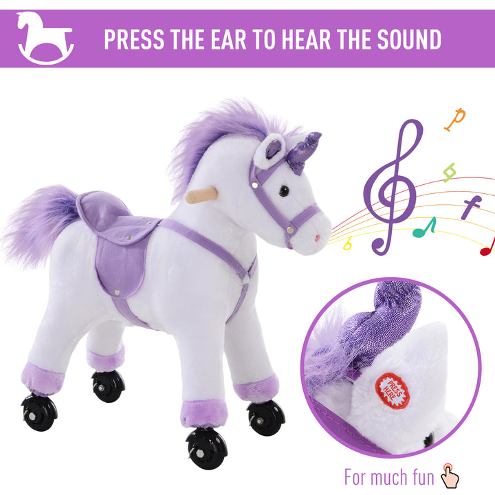 Kids Ride-On Rocking Unicorn, with Realistic Sounds, Handlebars, Purple/White