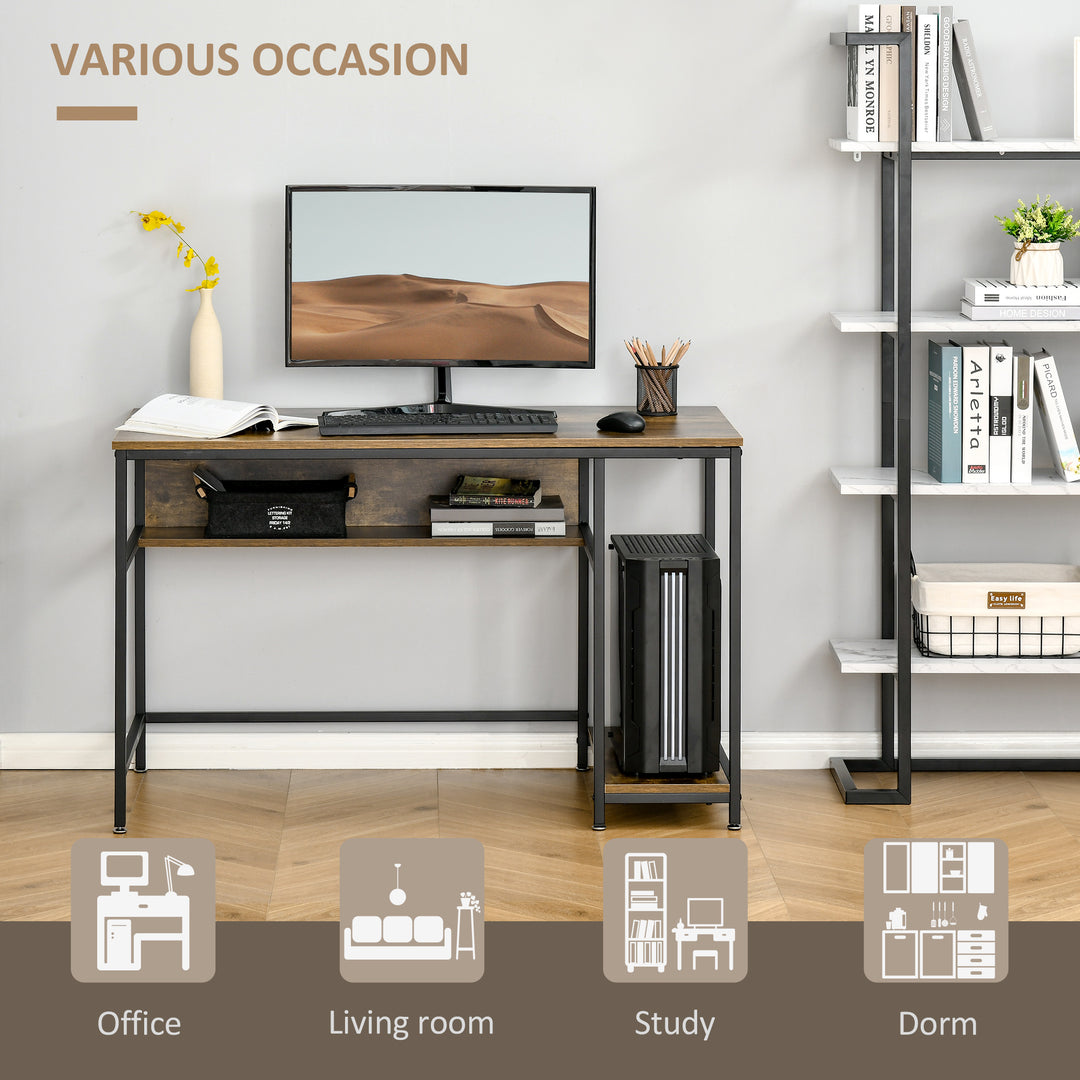 Computer Desk with Storage, 120 x 60cm Home Office Desk with 2 Shelves and Steel Frame, Writing Table for Living Room, Study, Rustic Brown